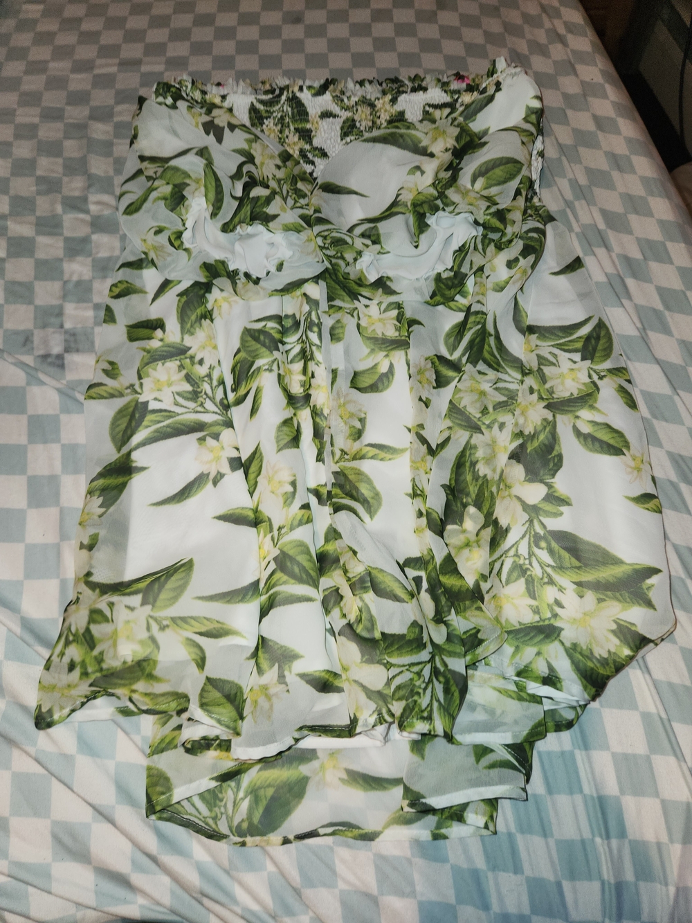 Betsey Johnson White Strapless High-Low Skirt with Green Leaf Print